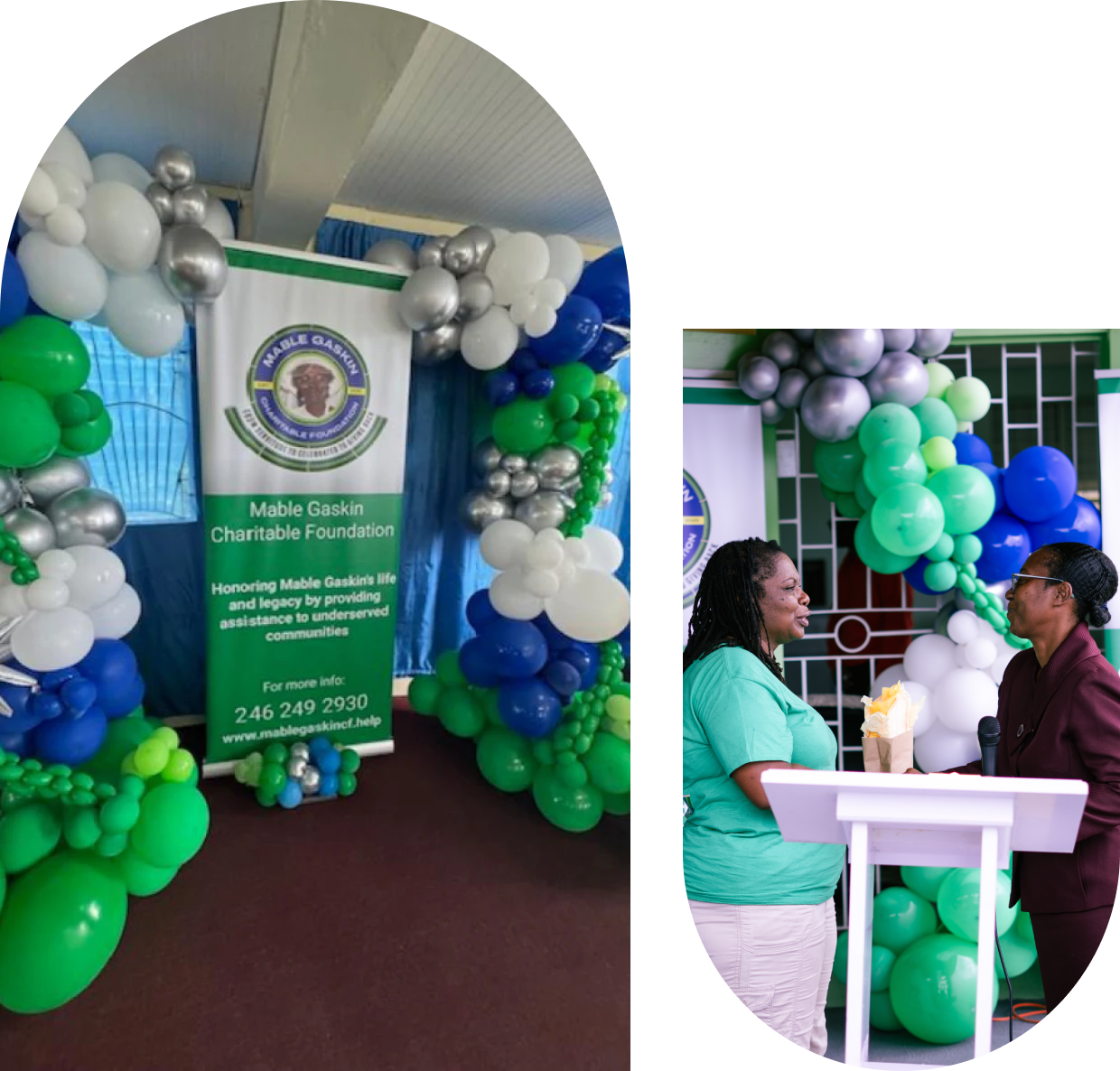 Two women conversing at a health event with green and white balloon decorations.