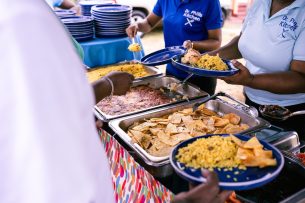 Outdoor event catering with various dishes